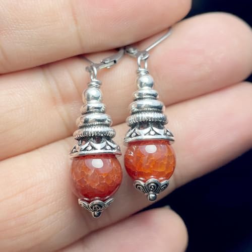 Natural 10mm Stone Beads Drop Earrings,Retro Silver Round Quartz Crystal Gemstone Beads Dangle Earrings for Women - color: A20_Red Dragon-Vein Agate