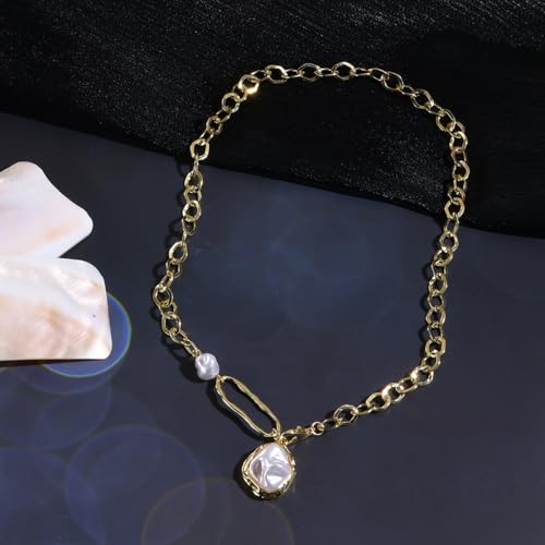 Chunky Pearl Necklaces for Women Chunky Baroque Pearl Beaded Gold Chain Link Pearls Pendant Necklace White Pearls Necklace Valentine's Day Jewelry Gifts Party Prom Birthday Outfits Accessorie - style: Gold Chain,Two Pearls