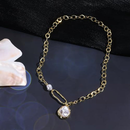 Chunky Pearl Necklaces for Women Chunky Baroque Pearl Beaded Gold Chain Link Pearls Pendant Necklace White Pearls Necklace Valentine's Day Jewelry Gifts Party Prom Birthday Outfits Accessorie - style: Gold Chain,Two Pearls