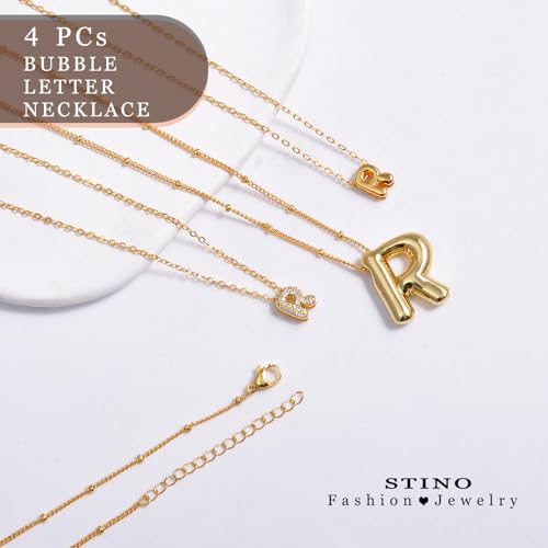 stino 4PCs Bubble Initial Letter Necklace Set, No Tarnish 14K Gold Plated Alphabet Pendant, Jewelry for Women - style: R