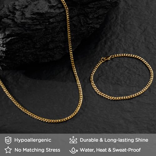 NORBU Stainless Steel Cuban Link Chain and Bracelet Set for Men, Chains 3.5mm/5mm/7mm Width, Bracelet 7 1/2" and 8" Length, No Tarnish & Durable Mens Jewelry - size: 20"Chain & 8"Bracelet, style: Cuban Set - 3.5mm
