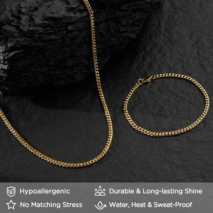 NORBU Stainless Steel Cuban Link Chain and Bracelet Set for Men, Chains 3.5mm/5mm/7mm Width, Bracelet 7 1/2" and 8" Length, No Tarnish & Durable Mens Jewelry - size: 20"Chain & 8"Bracelet, style: Cuban Set - 3.5mm