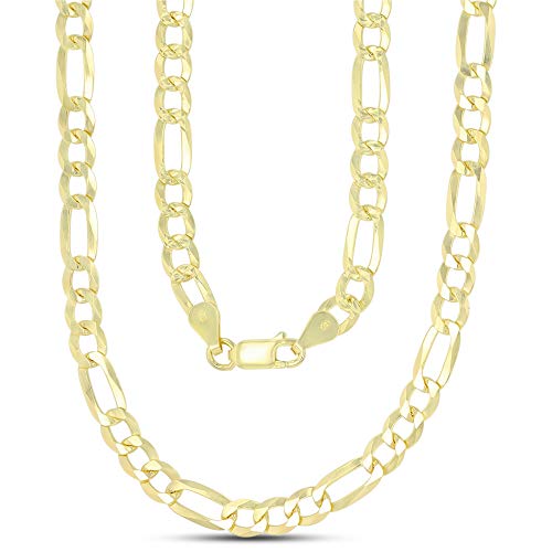 14K Gold or Rhodium Plated Silver Figaro Diamond Cut Pave Chain For Men | 1mm-13mm Thick | Solid 925 Figaro Italian Necklaces For Men - style: 5.50MM- Yellow