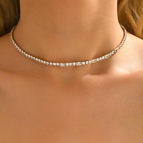 Tennis Necklaces for Women 18K Gold Plated White Red Green Blue Cubic Zirconia Necklaces Dainty Rhinestone Choker Necklaces Trendy Faux Diamond Tennis Chain 3mm - color: White Tennis Choker-Gold