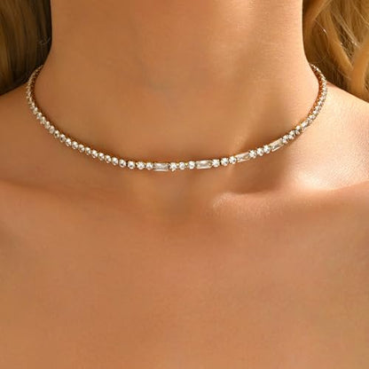 Tennis Necklaces for Women 18K Gold Plated White Red Green Blue Cubic Zirconia Necklaces Dainty Rhinestone Choker Necklaces Trendy Faux Diamond Tennis Chain 3mm - color: White Tennis Choker-Gold