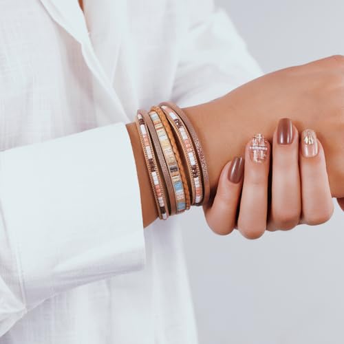 Boho Leather Wrap Bracelets Beaded Stackable Cuff Bracelet Country Concert Outfits Cowboy Cowgirl Western Jewelry Gifts for Women - color: 2layer-Brown