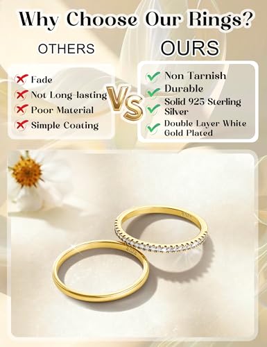 MILACOLATO 2Pcs Solid 925 Sterling Silver Rings for Women 1.3mm Thin Non Tarnish White Gold Plated Plain Thumb Stackable Rings Half Cubic Zirconia Wedding Eternity Band Rings Size 5-10 - color: 14K Gold Plated