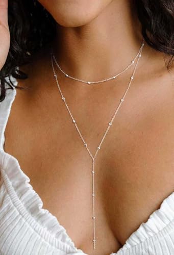 Lariat Necklace for Women, Dainty Long Necklaces, 14k Gold/Silver Plated Y-Shaped Drop Chain Necklace, Simple Layered Necklaces, Trendy Jewelry Gifts - style: Y Layered Bead Necklace-Silver