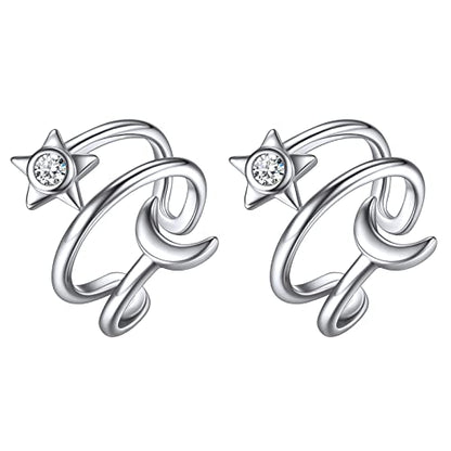 ChicSilver 925 Sterling Silver Ear Cuff Earrings Non Piercing Clip on Cartilage Cuff Earrings for Women - style: J: Star Moon