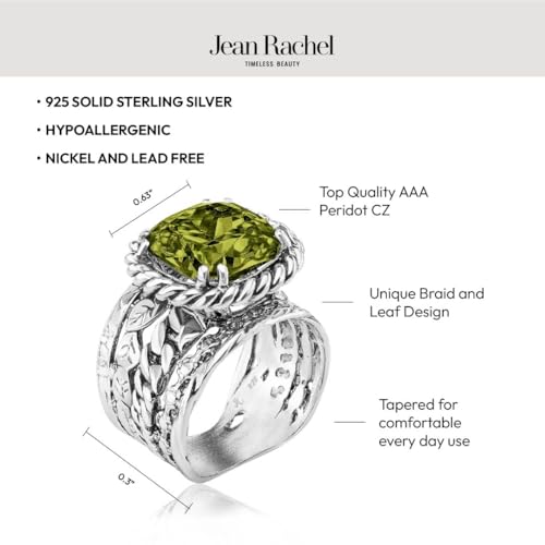 JEAN RACHEL JEWELRY 925 Sterling Silver Braid Leaf Cushion Ring | Ornate statement ring beautifully adorned with sculpted leaf motifs, twisted rope braids, and a CZ center stone. - color: Peridot CZ