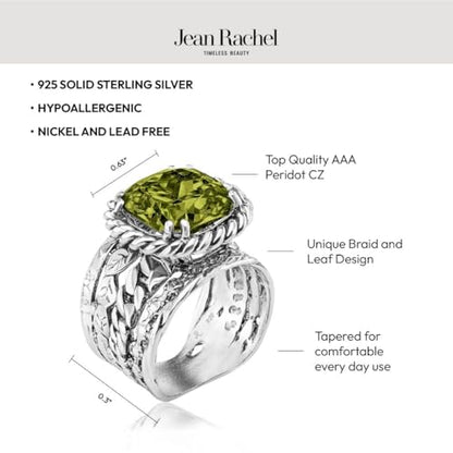 JEAN RACHEL JEWELRY 925 Sterling Silver Braid Leaf Cushion Ring | Ornate statement ring beautifully adorned with sculpted leaf motifs, twisted rope braids, and a CZ center stone. - color: Peridot CZ