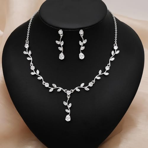 Elegant Bridal Jewelry Sets for Wedding Bride Leaf Shape Cubic Zirconia Necklace Earrings Bracelet Set Prom Costume Accessories - color: 3Pcs-Silver-Cubic Zriconia