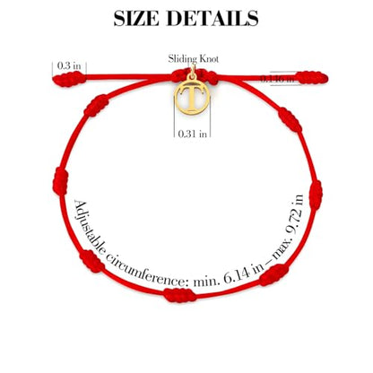 Red String Bracelet with Initial Letter and 7 Protective Knots – Adjustable Kabbalah Bracelet for Women & Men, Personalized Good Luck Charm for Positive Energy - color: T