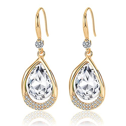 Austrian Crystal Halo Teardrop Hollow Drop Dangle Earrings for Women 14K Rose Gold Plated Hypoallergenic Jewelry Gifts - color: Clear White