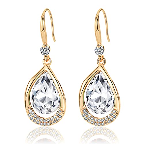 Austrian Crystal Halo Teardrop Hollow Drop Dangle Earrings for Women 14K Rose Gold Plated Hypoallergenic Jewelry Gifts - color: Clear White