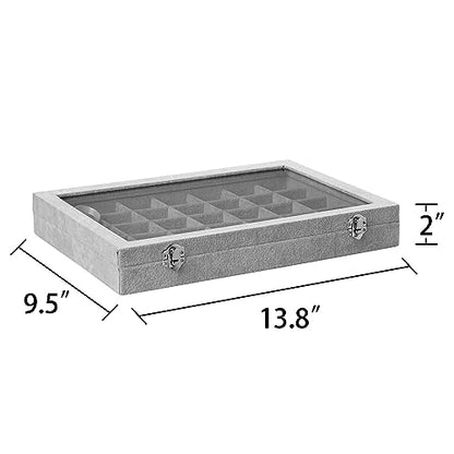 Frebeauty Velvet Jewelry Tray,35 Grid Jewelry Organizer with Clear Lid,Earring Holder Organizer Case with Clasp,Drawer Insert for Rings Studs,13.8 x 9.5 x 2 Inches,Gift for Women Girls(Grey) | Drawer Jewelry Organizer for Rings Studs Beads,Adjustable Divi