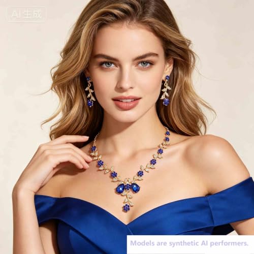 Kamirola Women's Wedding Jewelry Leaf Cluster Flower Crystal Dangle Earrings Pendant Necklace Set for BridalCrystal Bridal Jewelry Set - color: Gold Blue