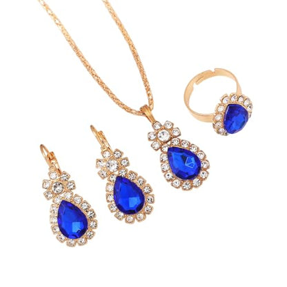Teardrop/Heart Crystal Jewelry Set for Women, Gold Tone Rhinestone Necklace Earrings Ring Set, Wedding Bridal Prom Party Jewelry Gift - color: Blue (teardrop)
