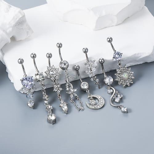 Vsnnsns 14G Dangle Belly Button Ring Piercing Jewelry 316L Stainless Surgical Steel Navel Rings Cubic Zirconia Heart Flower CZ Dangling Belly Button Ring Piercing Jewelry for Women 14 Gauge - color: Silver Tone B