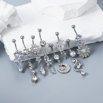 Vsnnsns 14G Dangle Belly Button Ring Piercing Jewelry 316L Stainless Surgical Steel Navel Rings Cubic Zirconia Heart Flower CZ Dangling Belly Button Ring Piercing Jewelry for Women 14 Gauge - color: Silver Tone B