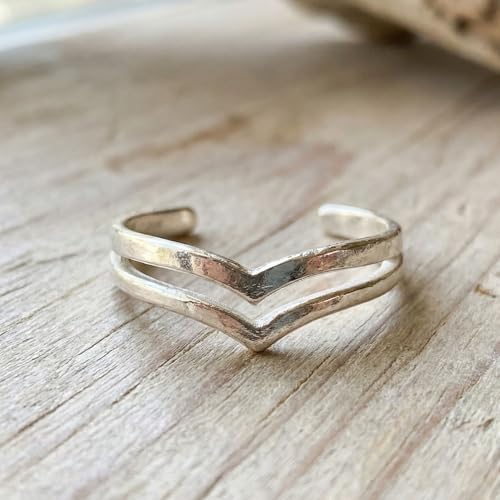 Sterling Silver Toe Ring, Adjustable Open Band, Handmade | Fits Toe, Knuckle or Pinky Ring | One Size Fits Most | Comfortable to Wear | Minimalist Style | Water Resistant - style: Double V Band