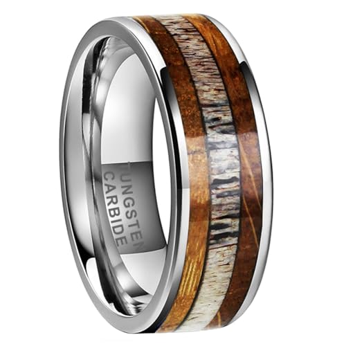 TUTISS 8mm Silver Black Tungsten Rings for Men Women Wedding Bands Whisky Barrel Wood Deer Antler Inlay Flat Polished Shiny Comfort Fit - color: 8mm Tungsten