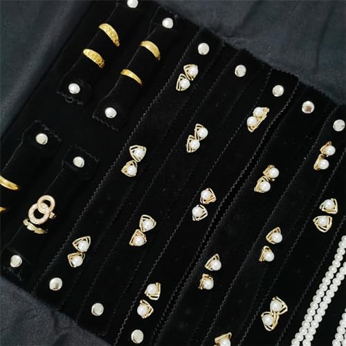 Velvet Travel Jewelry Case Roll Bag Organizer for Necklace Bracelet Earrings Ring (Black) (Black(2+6+6)) - color: Black (2+6+6)
