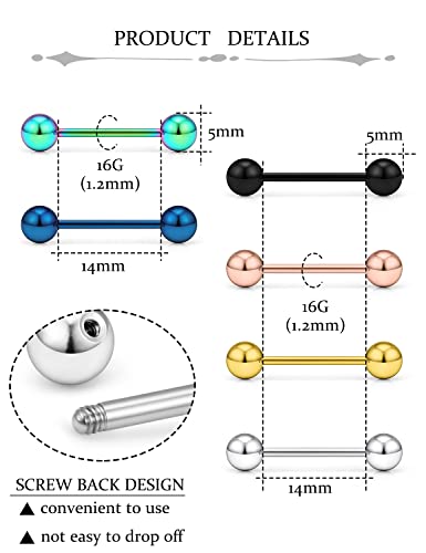 Oufksiyy 24pc 14G 16G Mixed Color Surgical Stainless Steel Straight Barbell Tongue Rings Bars Piercing 5/8" Length 16mm 9/16 inch 14mm 1/2inch 12mm Nipple Rings Tongue Piercing Jewelry for Women Men - color: 16G-14mm(9/16INCH)-Barbell