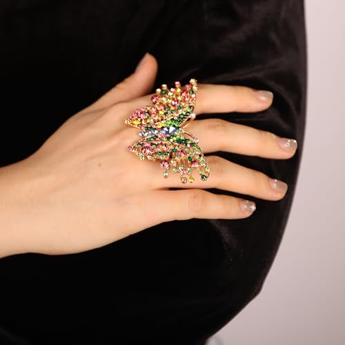 Jumwrit Boho Big Crystal Butterfly Ring Sparkling Rhinestone Knuckle Ring Statement Wrap Vintage Finger Ring Adjustable Open Band Ring Wedding Party Cocktail Jewelry for Women