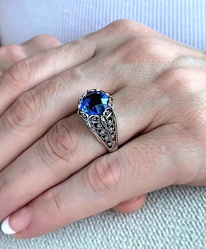 Filigranist 925 Sterling Silver Filigree Art Women Mini Dome Cocktail Ring with Gemstone, Gift Boxed - color: Blue Quartz