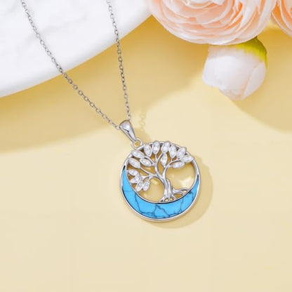 925 Sterling Silver Turquoise Moon Pendant Necklace for Women, Snake/Flower/Bow/Tree of Life/Star Moon Necklace, Dainty Jewelry for Daily Wear & Gifts - style: Style 1