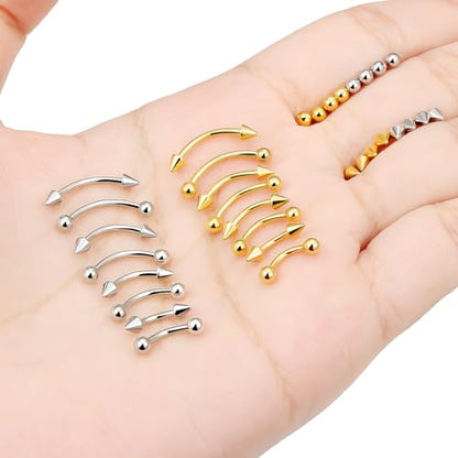 Jenxnjsjo 16g 6/8/10/12mm Silver/Gold/Black Eyebrow/Rook/Snug/Vertical-Labret/VCH/Snake-Eyes/Anti-Tragus/Christina/Daith/Belly-Button/Bridge/Hood/Surface Curved Barbell Piercing Jewelry for Women Men - color: Silver & 14k-Gold Plated