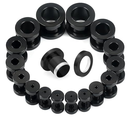 14G-00G Double Flare Screw On Gauges Tunnels Plugs Stretching Set Kit 316L Surgical Steel Gauges Tunnel Plug for Ears Size 16G 12G 10G 8G 6G 4G 2G 0G 00G Women Men - color: Black Tone-14G-00G