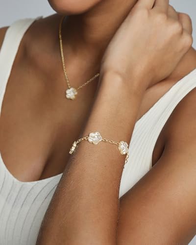 PAVOI 14K Gold Plated Clover Bracelets for Women - Flower Four Leaf Clover Bracelet - Mother of Pearl & Onyx Gemstone Lucky Flower Design - Adjustable Trendy Jewelry Gifts - style: Mother of Pearl Clover