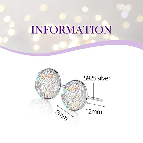 Silver-tone Faux Druzy Stud Earrings，925 Sterling Silver Hypoallergenic Natural Gemstone Earrings for Women Trendy Fashion - color: White