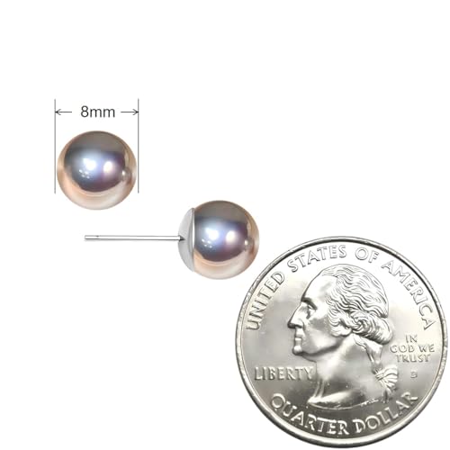 Grey Faux Pearl Stud Earrings, S925 Silver Posts Hypoallergenic for Women - color: Silvery Grey, size: 8mm