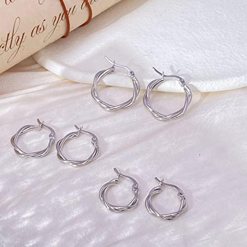 3 Pairs 925 Sterling Silver Small Huggie Hoop Earrings for Women Men | 14K White Gold Plated, Hypoallergenic, Small Silver Hoops - color: C-Silver 13/15/20mm