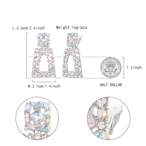 Flyonce Rectangle Clip-on Drop Earrings for Women, Sparkly Rhinestone Crystal Geometric Statement Non Pierced Earring Wedding Prom Party Jewelry for Brides Bridesmaid - color: Iridescent Clear AB Silver-Tone