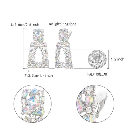 Flyonce Rectangle Clip-on Drop Earrings for Women, Sparkly Rhinestone Crystal Geometric Statement Non Pierced Earring Wedding Prom Party Jewelry for Brides Bridesmaid - color: Iridescent Clear AB Silver-Tone