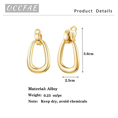 Gold Metal Clip On Earrings for Women Non Pierced Dangle Drop Earrings Multiple Styles - color: gold geometric