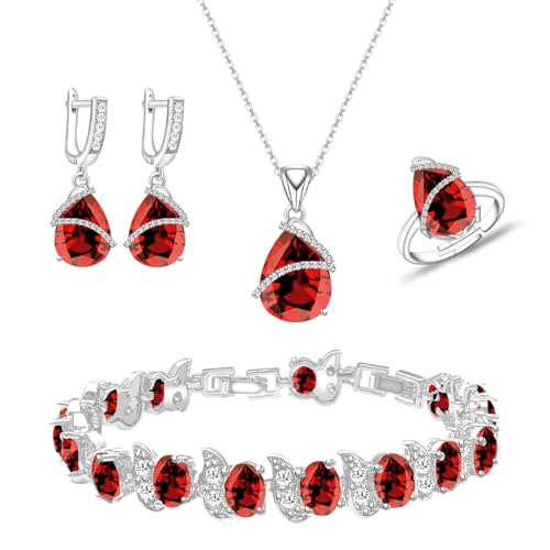 Wedding Jewelry Set for Women Gem Necklace Earrings Bracelet Luxury Jewelry Set Birthday Valentine's Day Mother's Day Christmas Prom Jewelry Gift - color: ZXSD-Garnet