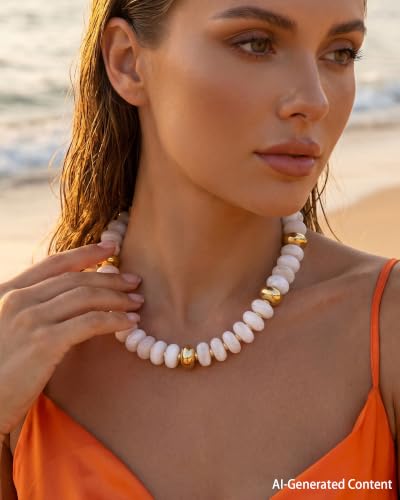 FIRAZIO Colorful Chunky Beaded Necklaces for Women | Trendy Statement Necklace Choker Necklace Boho Summer Beach Vacation Jewelry Gift - color: White Beaded