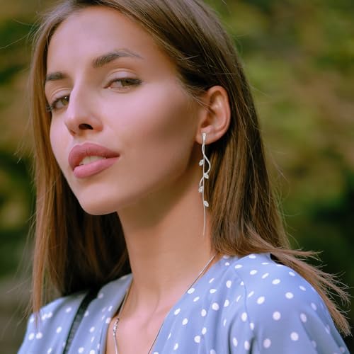 ASOQOLA Clip on Earrings Non Pierced for Women Long Dangle Drop Clip Earrings - Cubic Zirconia Leaf Earrings for Women Wedding Party Prom Jewelry Gifts - color: silver