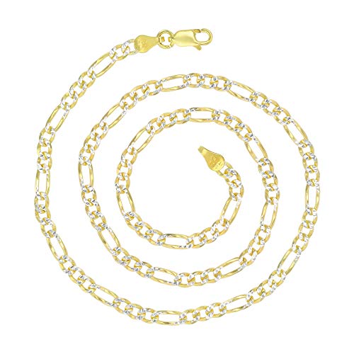 14K Gold or Rhodium Plated Silver Figaro Diamond Cut Pave Chain For Men | 1mm-13mm Thick | Solid 925 Figaro Italian Necklaces For Men - style: 4.00MM- Yellow & White