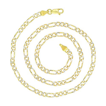 14K Gold or Rhodium Plated Silver Figaro Diamond Cut Pave Chain For Men | 1mm-13mm Thick | Solid 925 Figaro Italian Necklaces For Men - style: 4.00MM- Yellow & White