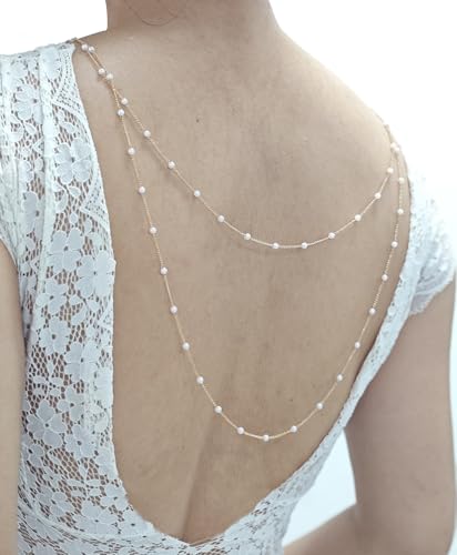 Pearl Back Chain Necklace Wedding Bridal Silver Gold Layered Backdrop Body Chain for Women Backless Dress - color: Gold