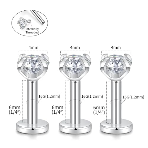 GAGABODY G23 Titanium 16G 6/8/10mm Clear CZ/Opal Internally Threaded Labret Monroe Lip Studs 6mm Helix Cartilage Tragus Earring Piercing - color: 16G-3Pcs-Silver-Length:6mm CZ:4mm