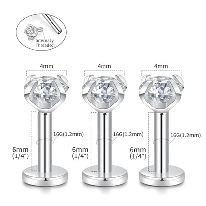 GAGABODY G23 Titanium 16G 6/8/10mm Clear CZ/Opal Internally Threaded Labret Monroe Lip Studs 6mm Helix Cartilage Tragus Earring Piercing - color: 16G-3Pcs-Silver-Length:6mm CZ:4mm