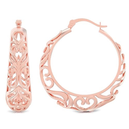 LeCalla 925 Sterling Silver Chunky Hoop Earrings | Filigree Heart Hoop Earrings for Women | Oval & Round Mesh Filigree Click-Top Hoops Earring | Hypoallergenic Earrings for Women - color: Rose Gold Round Filigree 27MM