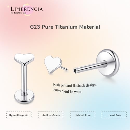 limerencia Titanium Threadless Flat Back Earrings Stud Piercing Jewelry | 20G Press Fit Titanium Push Pop in Cartilage Tragus Labret Lip Medusa Conch Piercing Jewelry Hypoallergenic for Women Men - style: Heart Silver